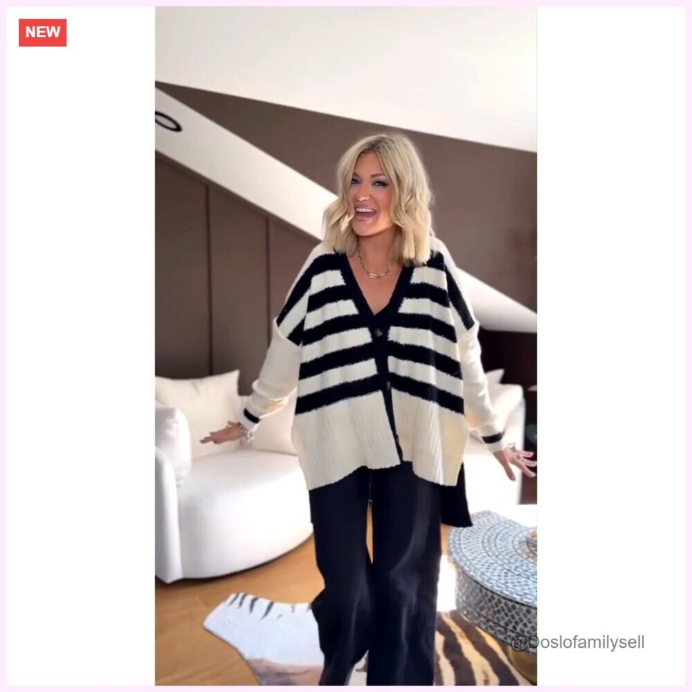 Oversized Fuzzy Knit Cardigan, V-Neck Button Up, Side Slit, Fall Winter Sweater - Picture 7 of 7